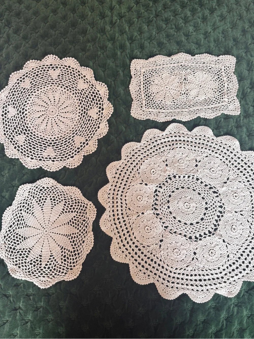 4 Pc Cotton Crochet Doily Set Ecru Floral Round & Rectangle Doilies